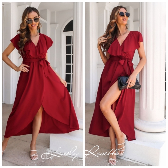 Romantic Ruffled Midi Dress with Wrap Silhouette and Slit - Picture 1 of 7